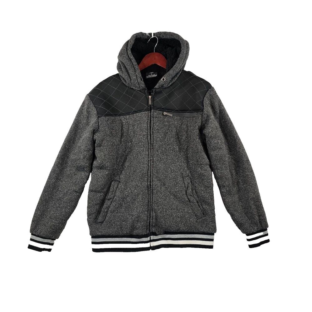 Blue Gear Mens Varsity Jacket Hooded Full Zip Pockets Faux Fur Lined Gray S